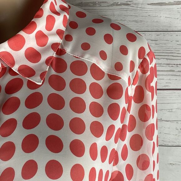 I.N. Studio Blouse XL Sheer White Pink Polka Dot Roll Tab Sleeves - Picture 4 of 12